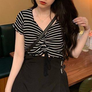 Short-sleeve Striped Drawstring Knit Top Black - One Size