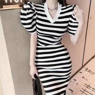 Puff-sleeve Striped Bodycon Dress