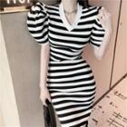 Puff-sleeve Striped Bodycon Dress