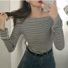 Striped Long-sleeve Off-shoulder Tie-back T-shirt