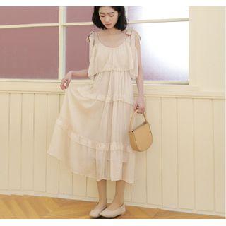 Sleeveless Ruffled Midi A-line Mesh Dress As Shown In Figure - One Size