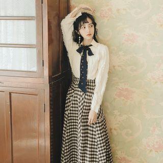 Set: Fringed Shirt + Gingham Midi A-line Skirt