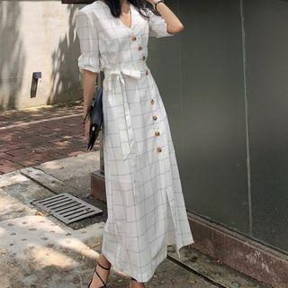 Tab-sleeve Buttoned A-line Midi Dress