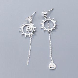 925 Sterling Silver Non-matching Smiley & Sun Dangle Earring Silver - One Size