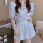 Set: Puff-sleeve V-neck Shirred Blouse + High-waist Plain Shorts White - One Size