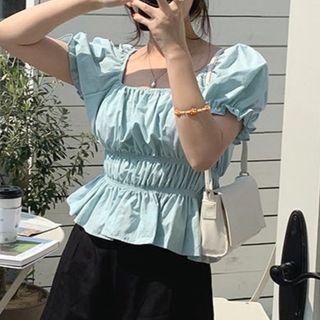 Puff-sleeve Square-neck Frill Trim Blouse