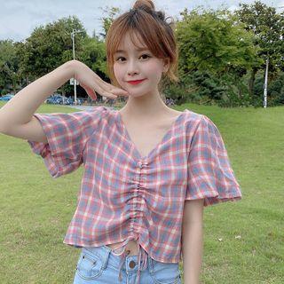 Plaid Drawstring Short-sleeve Cropped Blouse