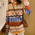 Long-sleeve Round-neck Color Panel Knit Sweater Light Coffee - One Size