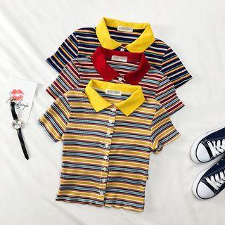 Summer-knit Striped Crop Shirt