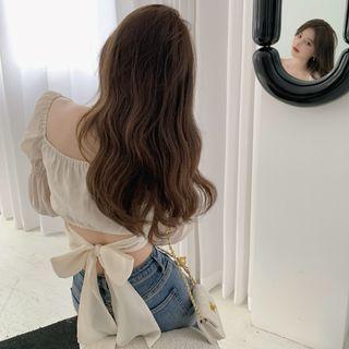 Square-neck Open Back Plain Drawstring Cropped Blouse