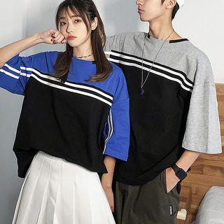 Couple Matching Elbow-sleeve Striped Trim T-shirt