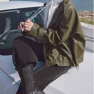 Mock Two-piece Hooded Oversize Faux Leather Jacket