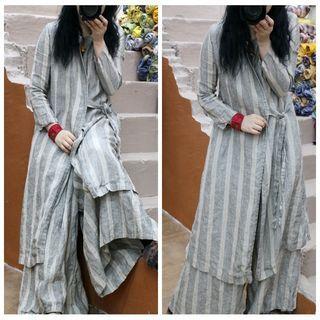 Striped Long Wrap Jacket / Wide Leg Pants