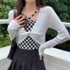 Mock Two-piece Long-sleeve Checkerboard Twist Crop Top
