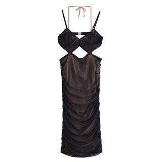 Spaghetti Strap Cutout Shirred Midi Bodycon Dress
