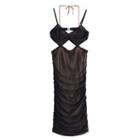 Spaghetti Strap Cutout Shirred Midi Bodycon Dress