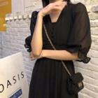 Elbow-sleeve Midi A-line Chiffon Dress Black - One Size