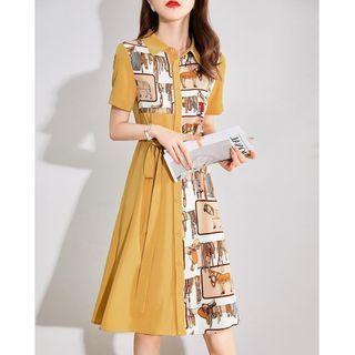 Short-sleeve Horse Print Panel Midi Shirtdress
