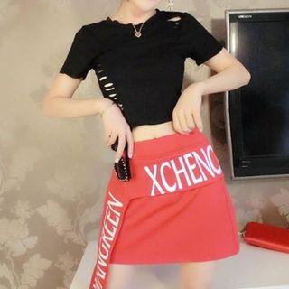 Set: Ripped Short-sleeve Cropped T-shirt + Lettering A-line Skirt