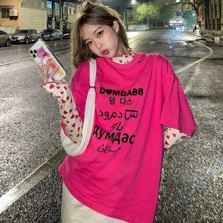 Short-sleeve Lettering T-shirt / Long-sleeve Heart Print T-shirt