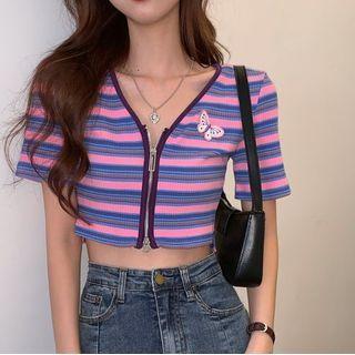 Short-sleeve Striped Zip Knit Top As Shown In Figure - One Size