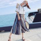 Set: Elbow-sleeve Cold-shoulder Top + Capri Print Wide-leg Pants