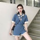 Set: Color Block Short-sleeve Blouse + High Waist Shorts Blue - One Size