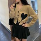 V-neck Heart Cardigan / Pleated Mini A-line Skirt