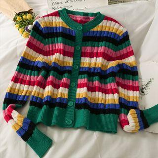 Rainbow-stripe Button-up Light Knit Top