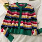Rainbow-stripe Button-up Light Knit Top