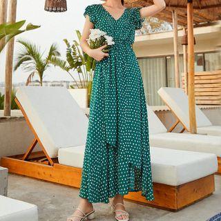 Dotted Open Back Cap-sleeve Maxi A-line Dress