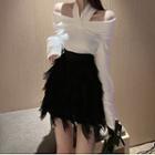 Cold-shoulder Long-sleeve Top / Fringed Mini A-line Skirt