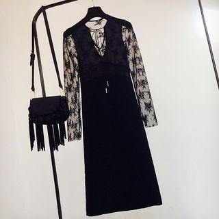 Tie Neck Lace Panel Long Sleeve Dress