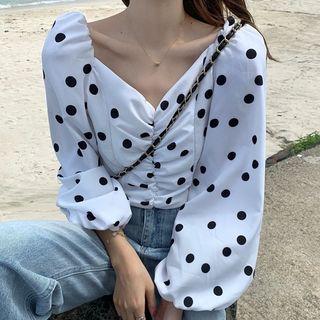 Dot Print Lantern Sleeve V-neck Top