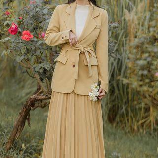 Set: Plaid Buttoned Coat + Pleated Midi Skirt