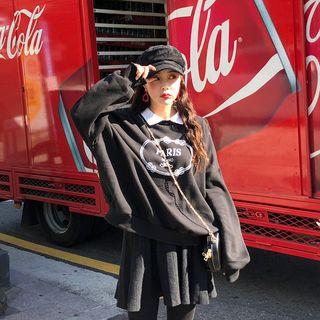 Contrast-collar Letter-print Pullover Black - One Size