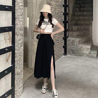 Lettering Short-sleeve T-shirt / Side-slit Midi A-line Skirt
