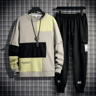 Set: Color Block Sweatshirt + Lettering Harem Pants