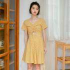 Short-sleeve Plaid Drawstring A-line Mini Dress