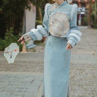Long-sleeve Mock-neck Fleece Trim Midi Qipao