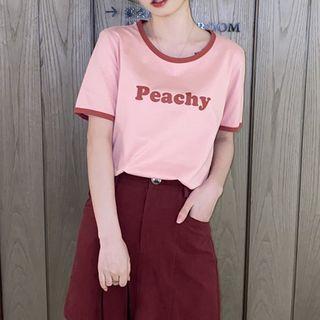 Lettering Short-sleeve Ringer T-shirt / High-waist Mini A-line Skirt