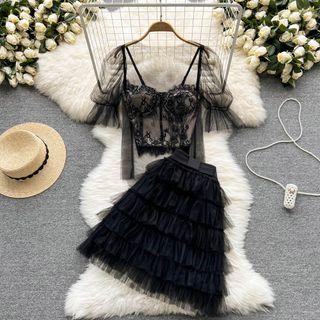 Set: Mesh Camisole Top + Puff-sleeve Light Jacket + Tiered A-line Skirt
