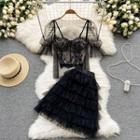 Set: Mesh Camisole Top + Puff-sleeve Light Jacket + Tiered A-line Skirt