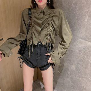 Plain Drawstring Shirt Army Green - One Size