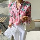Ruffle-trim Floral Print Chiffon Blouse Pink - One Size