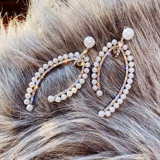 Faux Pearl Rhinestone Curve Dangle Earring 1 Pair - White - One Size