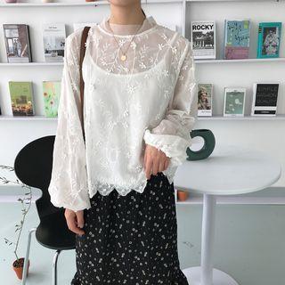 Set: Embroidered Long-sleeve Top + Spaghetti Strap Top