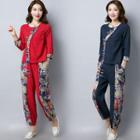 Set: Printed Panel 3/4-sleeve T-shirt + Harem Pants