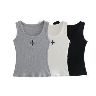 Crisscross Embroidered Ribbed Tank Top