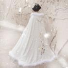 Flower Embroidered Furry Trim Hooded Cape Off-white - One Size